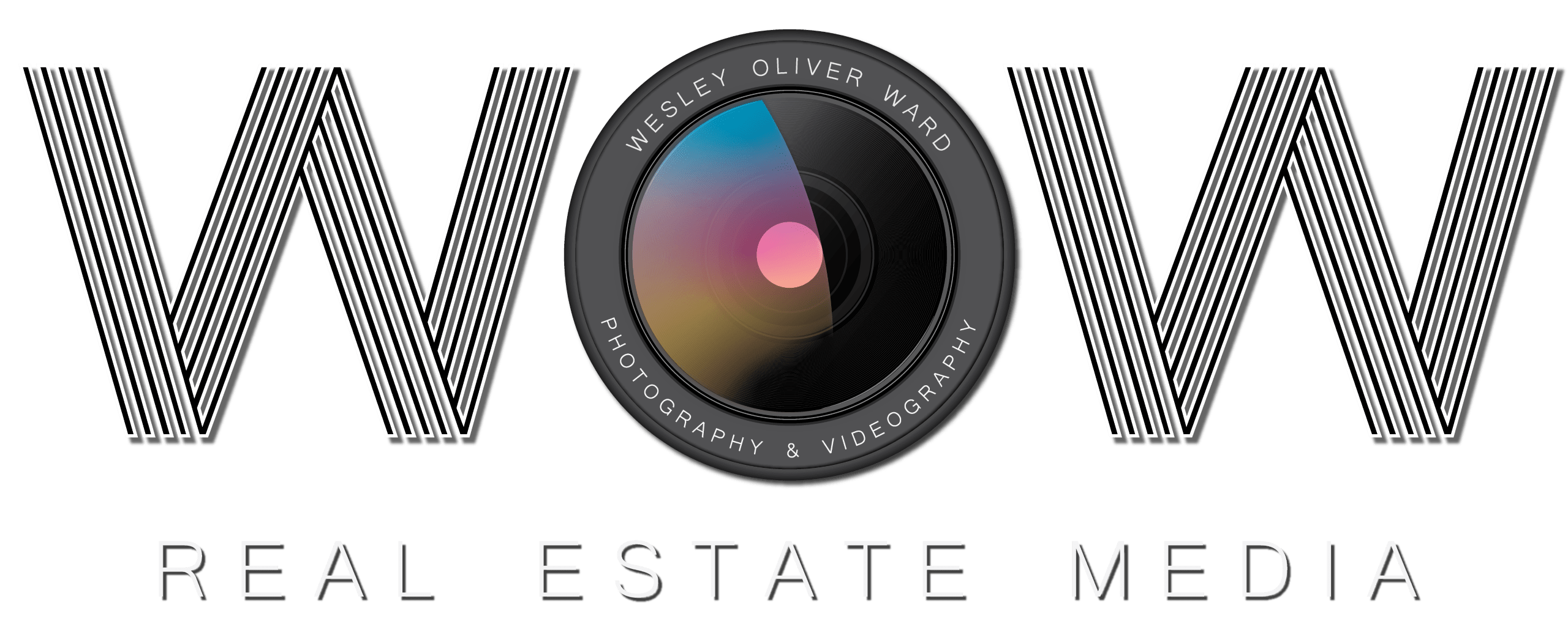 Logo for this business featuring in large letters W O W with the o being a camera lens and then smaller words at the bottom that says Real Estate Media