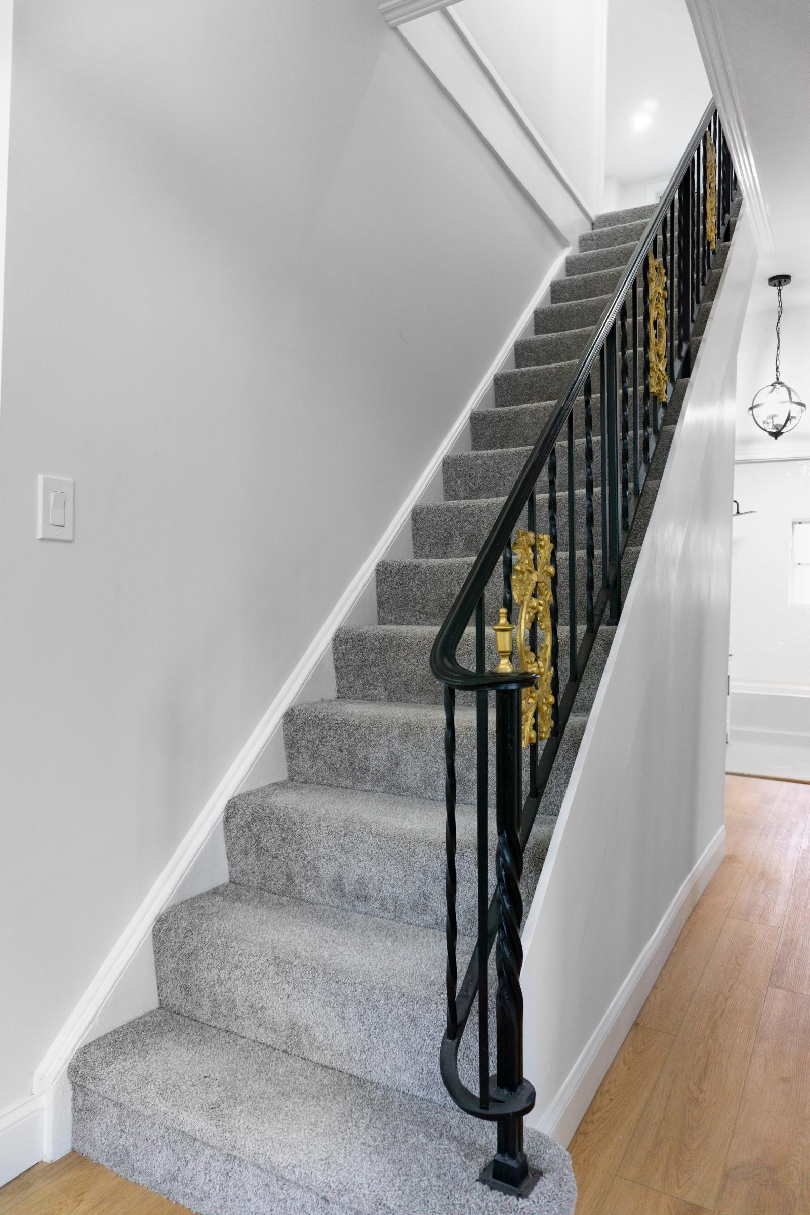 Carpeted staircase with black metal railing