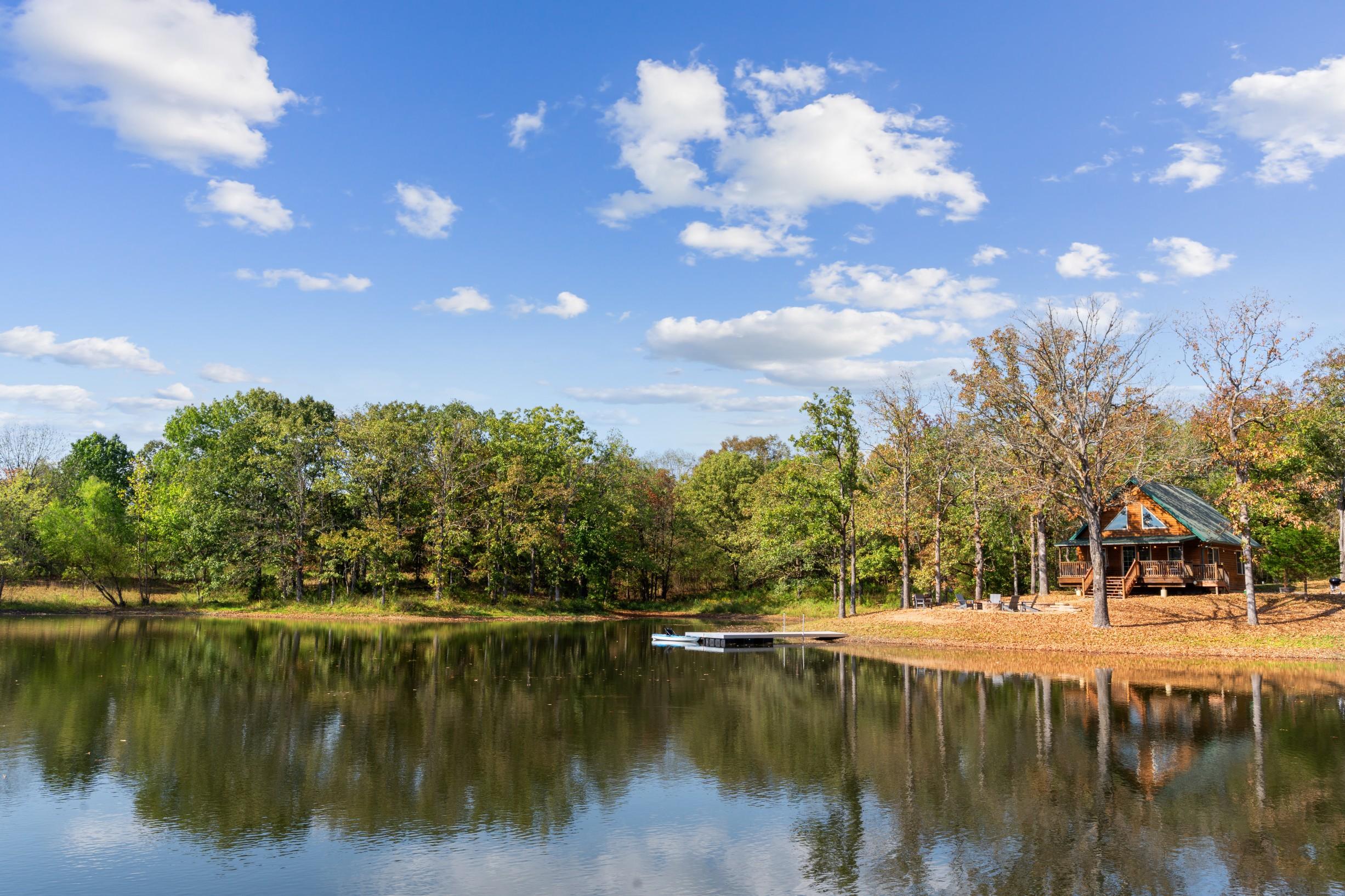 Pond with trees reflected in calm water