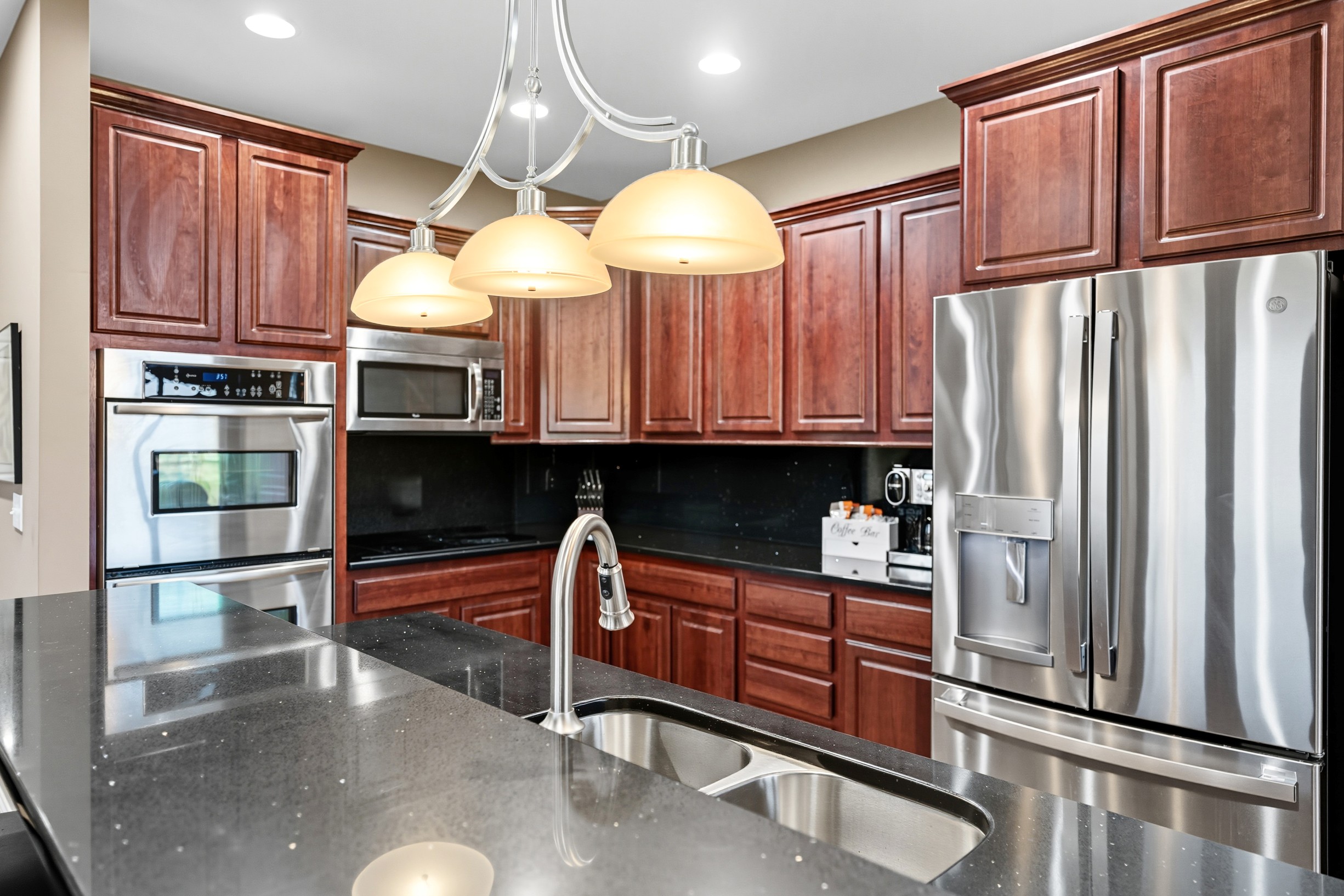 Kitchen with stainless steel appliances and dark wood cabinets