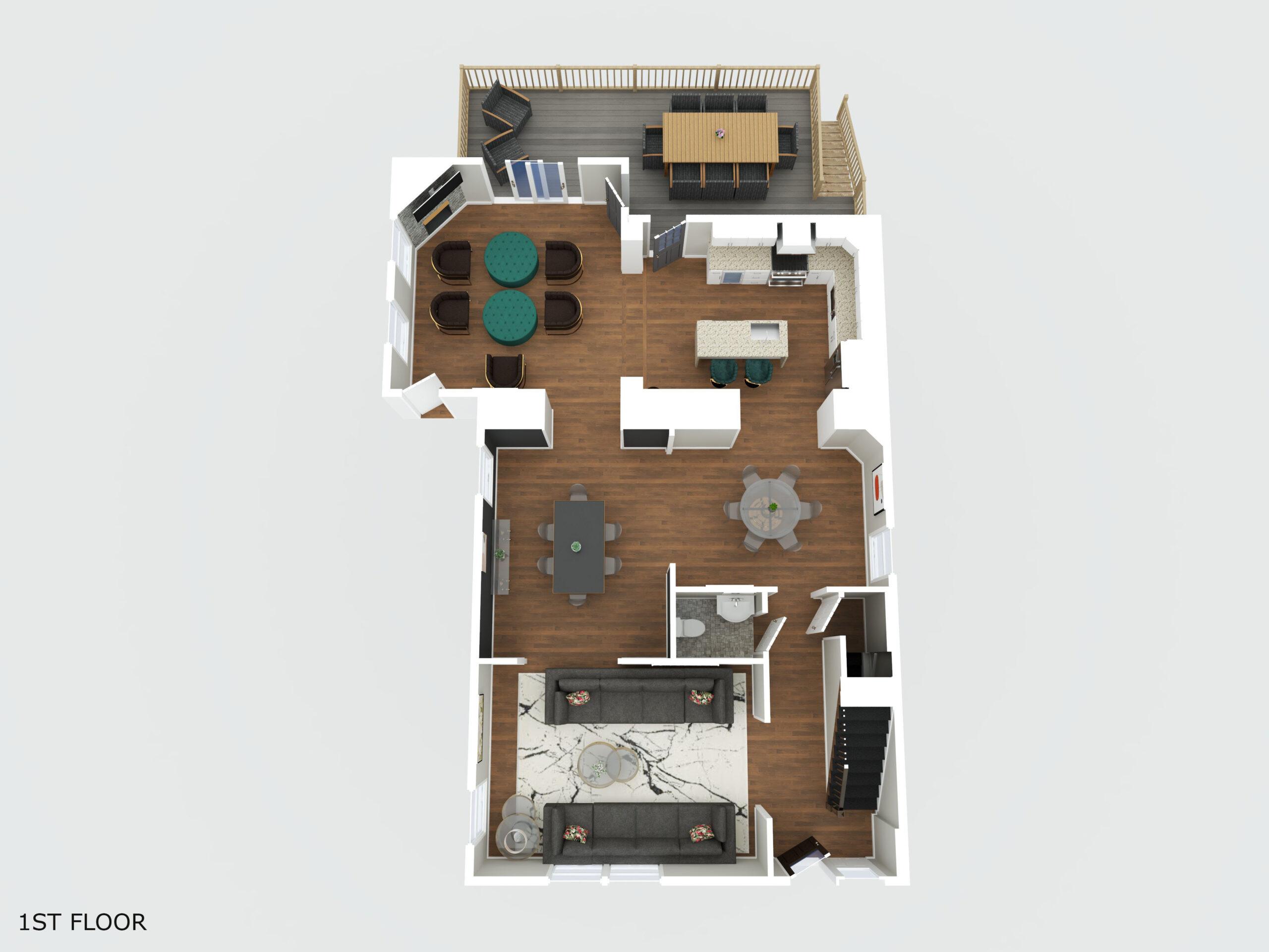 3D Floor Plan of a house featuring two living rooms, two dining rooms, a kitchen, foyer, bathroom, stairs, and a deck.
